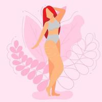 Vector illustration on the theme of body positivity. A girl with stretch marks on her thighs with long red hair on a background of beautiful leaves. Flat style