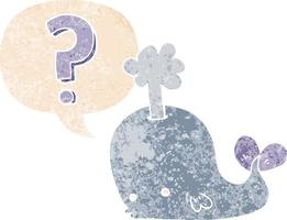 cartoon curious whale and speech bubble in retro textured style vector