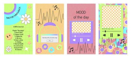 Vertical pin for music post with sound wave. Social media template for y2k style stories. Share song window vector