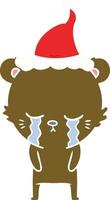 crying flat color illustration of a bear wearing santa hat vector
