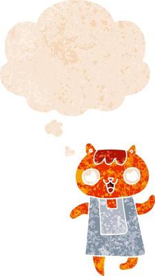 cartoon cat and thought bubble in retro textured style
