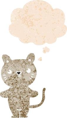 cartoon cat and thought bubble in retro textured style