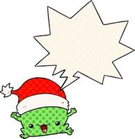 linda caricatura de rana navideña y burbuja de habla al estilo de un libro de historietas vector