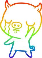 rainbow gradient line drawing cartoon pig crying waving goodbye vector