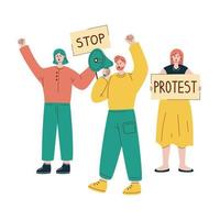 Vector illustration with protesting people. Man with loudspeaker. Girls with placards. Protest.