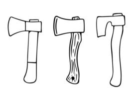 Hand drawn doodle set with lumberjack axe. Vector hatchet cliparts. Outline.