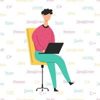 Programmer sits on a chair. Programmer in flat design. Man with laptop. Programming languages. vector