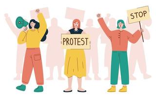 ilustración vectorial con mujeres que protestan. chica con altavoz. dos chicas con pancartas. protesta. multitud de manifestantes. vector