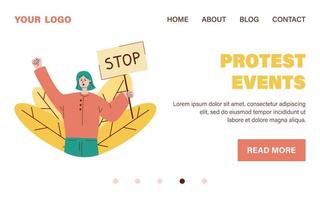 Protesting girl with placard. Landing page web template. Website design. Woman holding a poster. vector