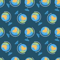 Vector seamless pattern with globe. School supply. Globe of planet Earth with map of world. Back to school.