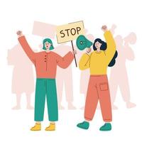 Vector illustration with protesting women. Girl with loudspeaker. Girl with placard. Protest. Crowd of protesters.