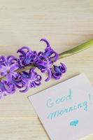 etiqueta de papel de buenos días y flor de jacinto púrpura en la mesa de madera foto