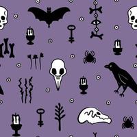 Seamless Pattern with Magical Mystic Doodle Elements Skull Bat Raven Candle Bone Spider Herb vector