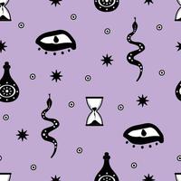 Mystery Magical Seamless Pattern Witchcraft Background with Snake Eye Potion Bottle Hourglass vector