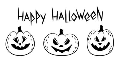 conjunto de garabatos de calabazas aterradoras y letras feliz bosquejo de esquema de halloween vector