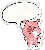 cartoon angry pig pointing and speech bubble distressed sticker vector