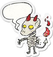 cartoon spooky skeleton demon and speech bubble distressed sticker vector