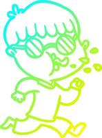 cold gradient line drawing cartoon boy wearing spectacles and running vector
