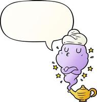 cute cartoon genie rising out of lamp and speech bubble in smooth gradient style vector