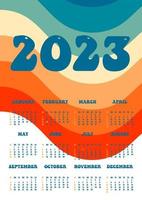 Calendar 2023 retro groovy wallpaper. Vertical one sheet with all monthes. Week start on Sunday. A4 A3 A2 A5. Vector illustration in trendy style in pastel colors. Minimalistic design.