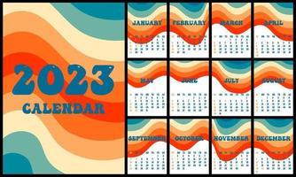 Calendar 2023 retro groovy wallpaper. Vertical Covers and 12 month pages. Week start on Sunday. A4 A3 A2 A5. Vector illustration in trendy style in pastel colors. Minimalistic design.