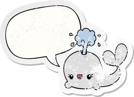 cute cartoon whale and speech bubble distressed sticker vector