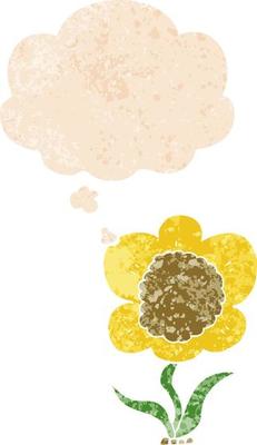 cartoon flower and thought bubble in retro textured style
