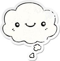 cartoon cute happy face and thought bubble as a distressed worn sticker vector