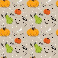 Autumnal seamless pattern with colored pumpkins and abstract branches on grey background. Doodle pumpkins vector illustration
