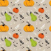 Autumnal seamless pattern with colored pumpkins and abstract branches on grey background. Doodle pumpkins vector illustration