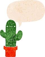 cartoon cactus and speech bubble in retro textured style vector