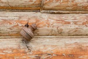 wall of log house with old iron rusty kettle as background photo