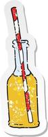 retro distressed sticker of a cartoon soda bottle and straw vector