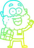 dibujo de línea de gradiente frío hombre feliz loco de dibujos animados con barba y regalo bajo el brazo vector