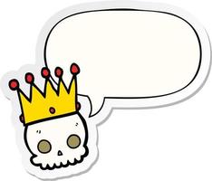 cartoon skull and crown and speech bubble sticker vector