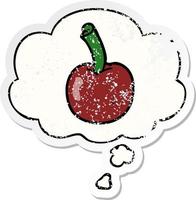 cartoon cherry and thought bubble as a distressed worn sticker vector