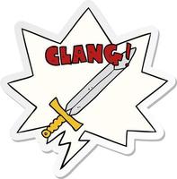 cartoon clanging sword and speech bubble sticker vector