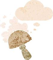 cartoon mushroom with spore cloud and thought bubble in retro textured style vector