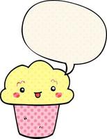 cartoon cupcake and face and speech bubble in comic book style vector