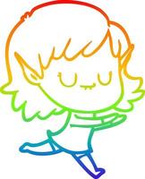 rainbow gradient line drawing happy cartoon elf girl posing vector