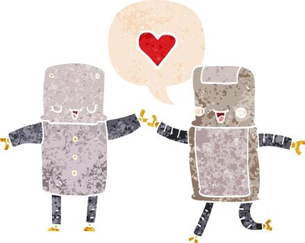 cartoon robots in love and speech bubble in retro textured style vector