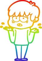 rainbow gradient line drawing cartoon exhausted boy shrugging shoulders vector