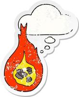 cartoon fireball and thought bubble as a distressed worn sticker vector