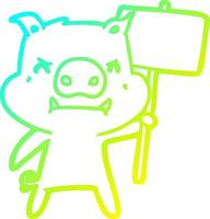 cold gradient line drawing angry cartoon pig protesting vector