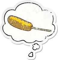 cartoon hotdog on a stick and thought bubble as a distressed worn sticker vector