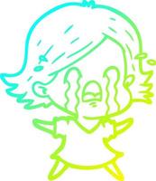 cold gradient line drawing cartoon woman crying vector