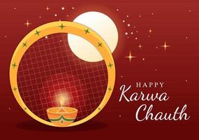 Karwa Chauth Festival Hand Drawn Flat Cartoon Illustration to Start the New Moon by Seeing the Moonrise in November From Wives for Their Husbands vector