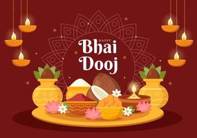 Happy Bhai Dooj Indian Festival Celebration Hand Drawn Cartoon Illustration of Sisters Pray for Brothers Protection with a Dot on His Forehead vector