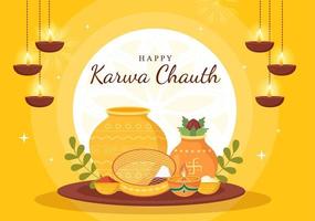 Karwa Chauth Festival Hand Drawn Flat Cartoon Illustration to Start the New Moon by Seeing the Moonrise in November From Wives for Their Husbands vector