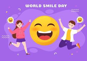 ilustración de dibujos animados dibujados a mano del día mundial de la sonrisa con juventud sonriente y cara de felicidad en un fondo de estilo plano vector